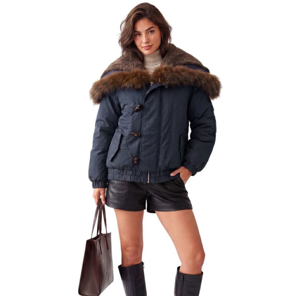 Allegra K Navy Puffer Jacket with Brown Fur Trim